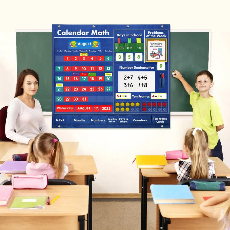 BOHEMIABY Circle Time Learning Center Classroom Pocket Chart Preschool, Educational Pocket Chart Teaching Materials, Learning Calendar Weather Counting Letter Color Shape (Math Classroom Pocket Chart)