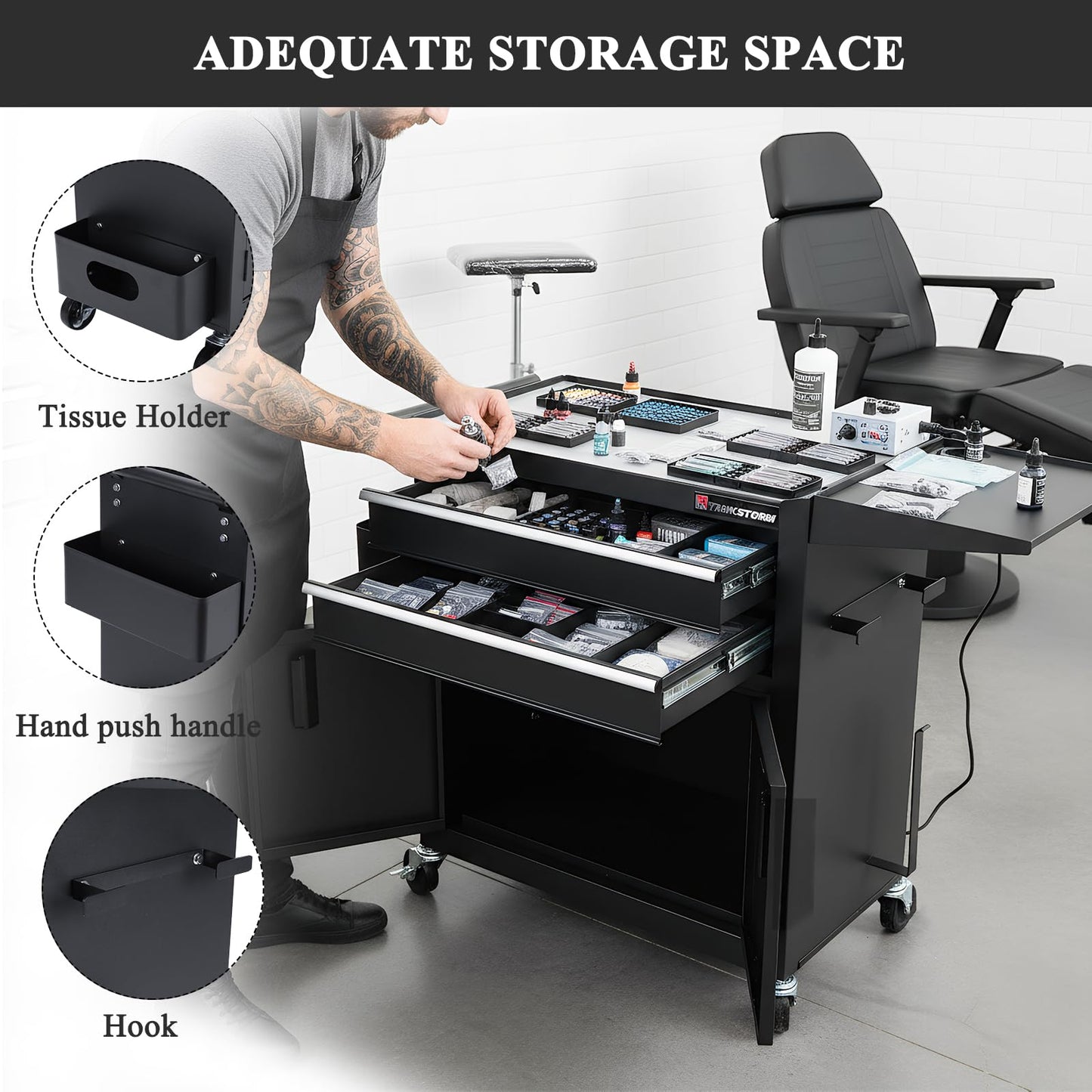 Professional Mobile Rolling Hair Stylist & Tattoo Station Black Steel