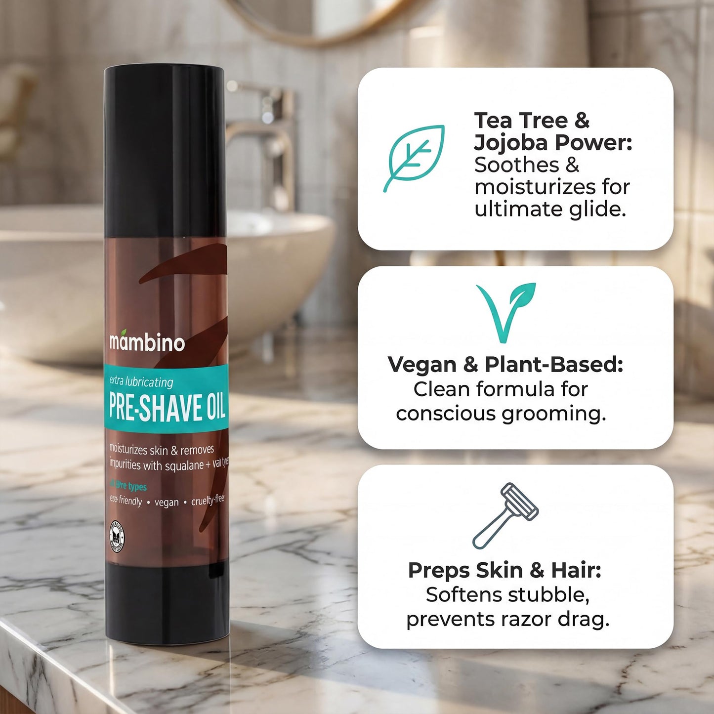 Mambino Organics Tea Tree Pre-Shave Oil, Natural Shaving Oil with Tea Tree & Jojoba Oil, Moisturizing Shave Oil for Smooth Shaving, Vegan Grooming Essential for Sensitive Skin, 2 oz
