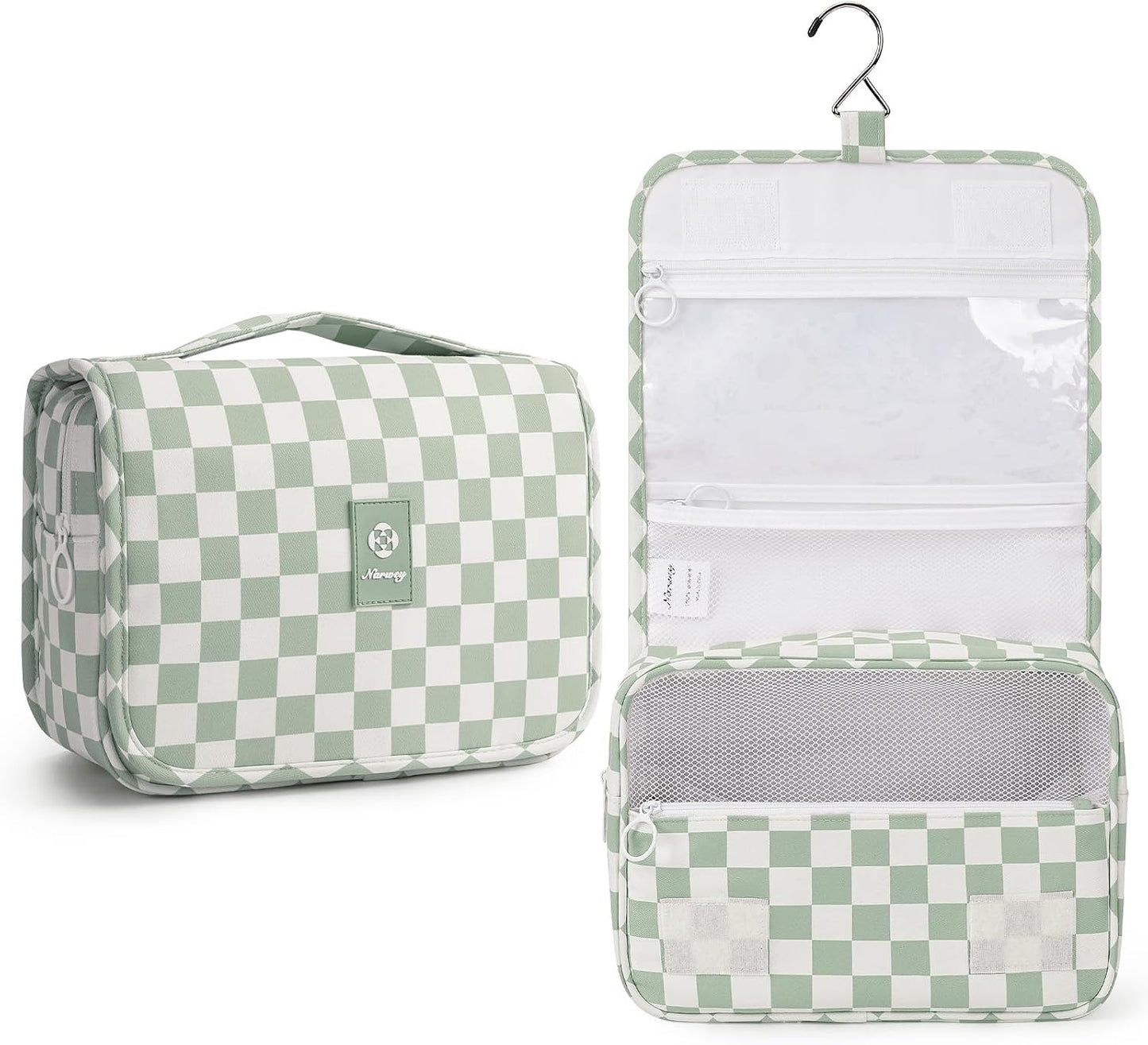 Narwey Small Hanging Travel Toiletry Bag - Checkered Makeup Organizer for Women | Mint Green Checkerboard