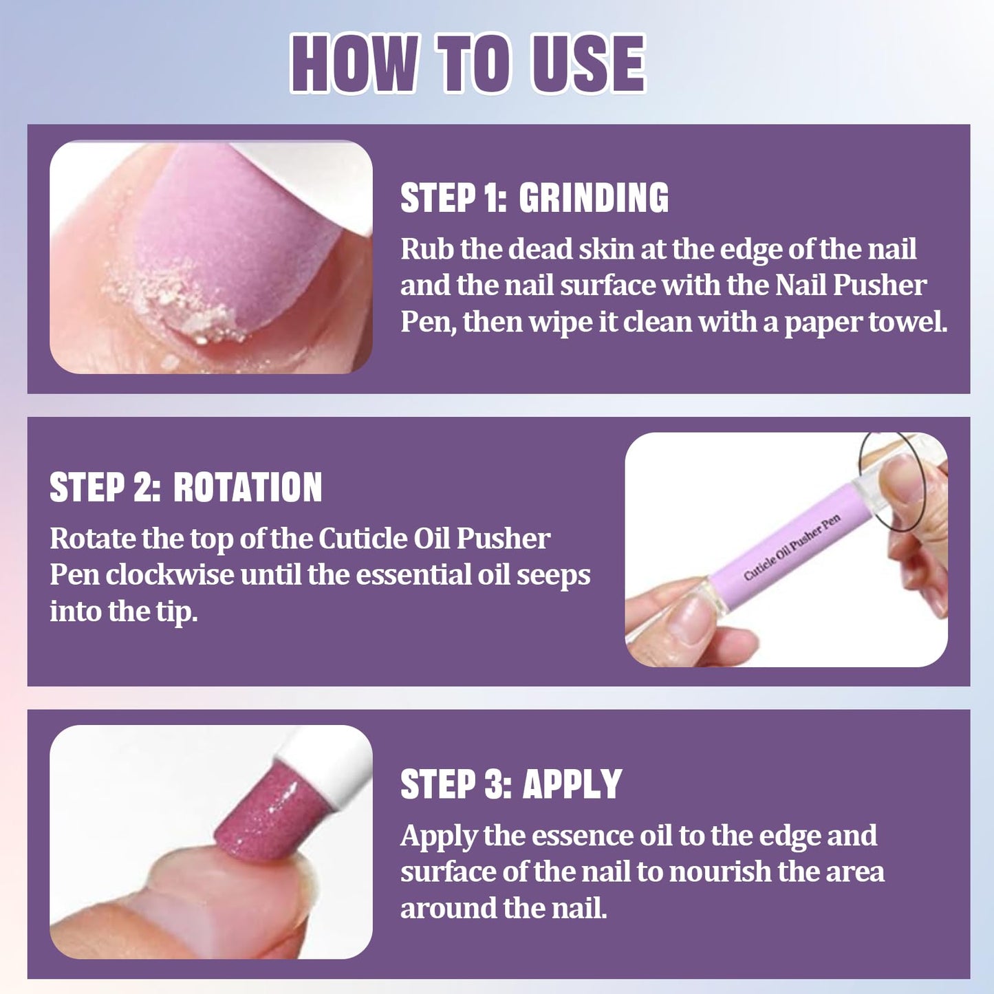 3 PCS 2-in-1 Cuticle Oil Pusher Pen,Nail Care Pen Applicator, Gentle Cuticle Remover,for Dry & Damaged Nails, Moisturize Strengthen Brighten
