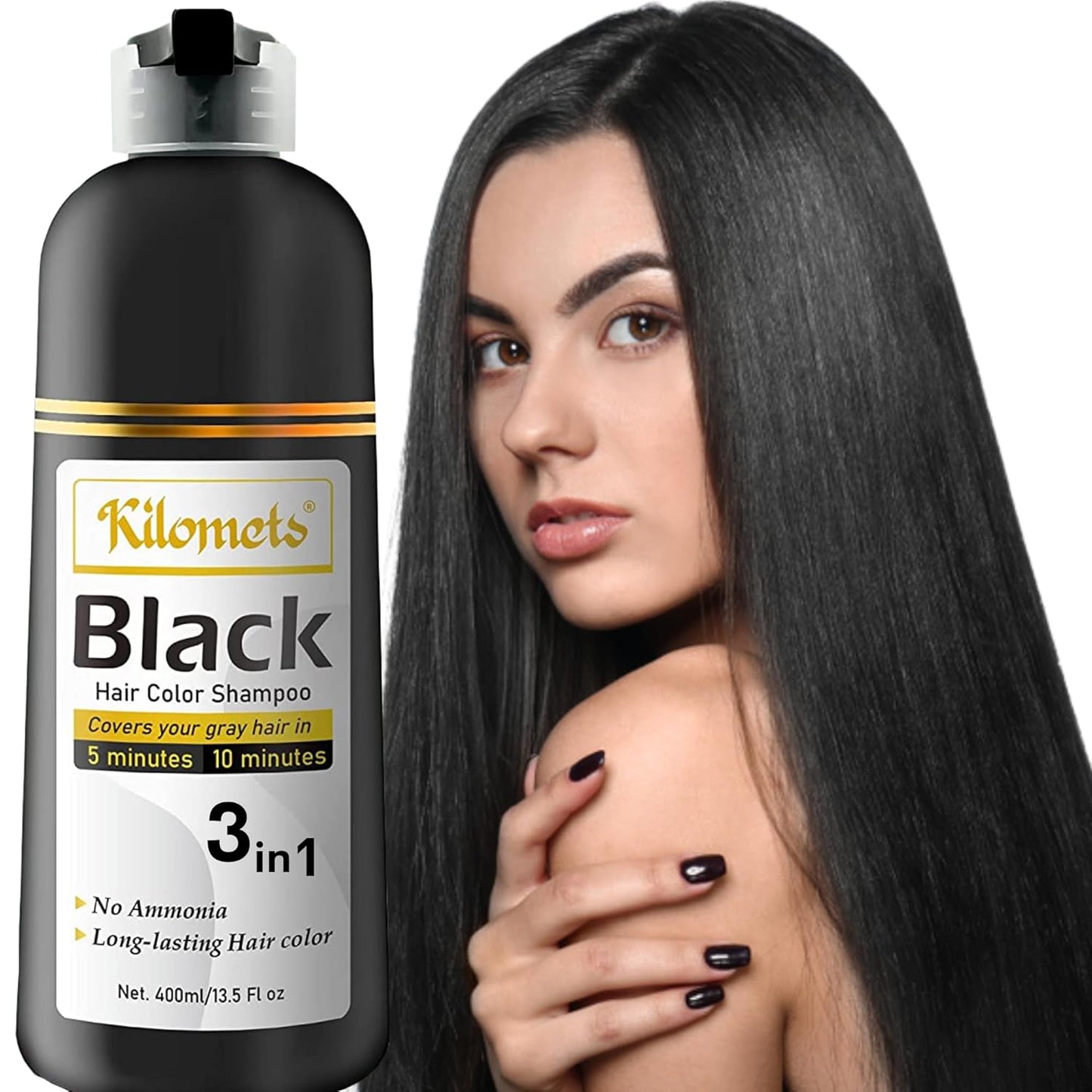 Black Hair Dye Shampoo - 100% Grey Coverage, Ammonia-Free Formula | 400ml Instant Darkening Color for Silver Hair