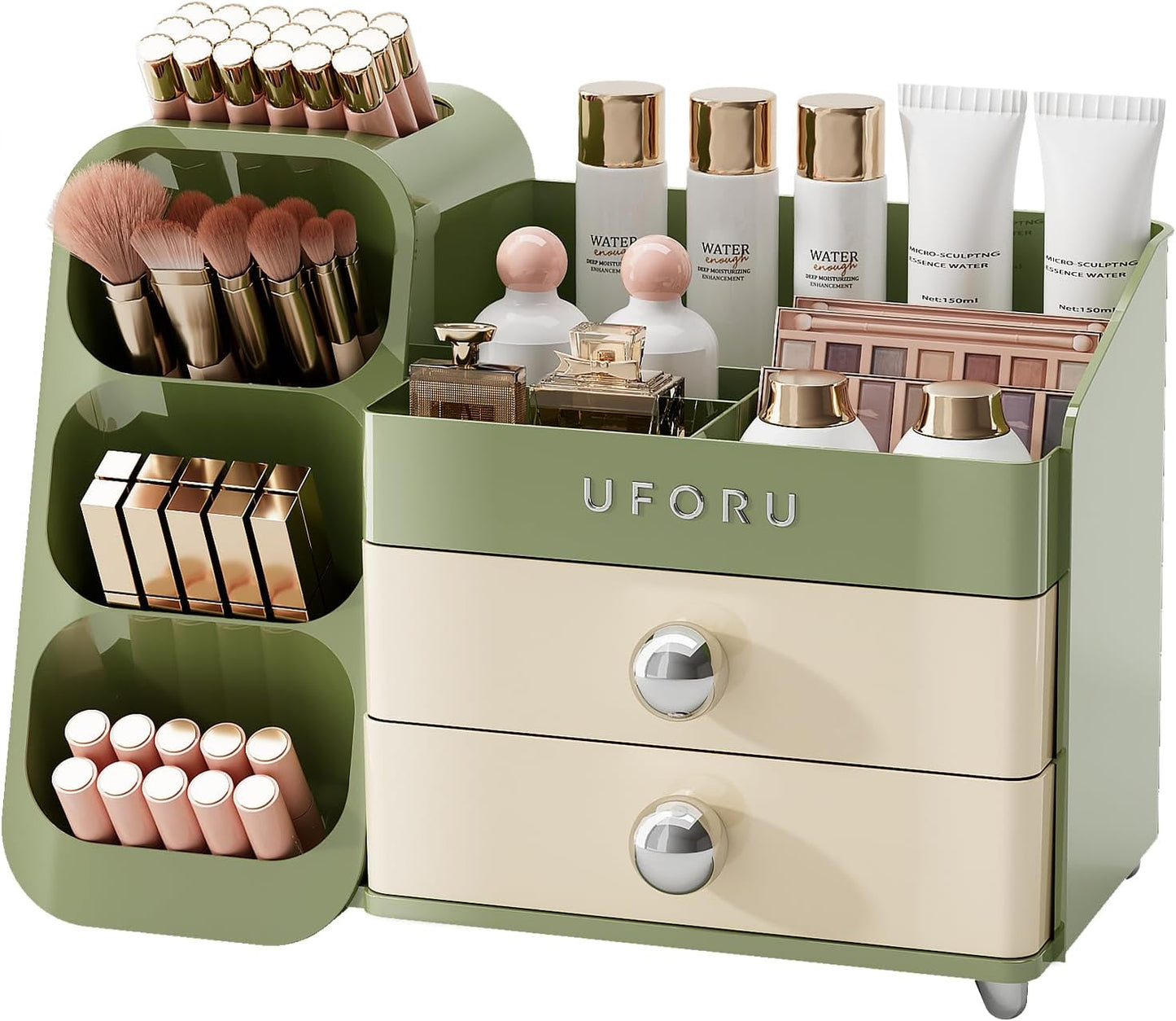 Makeup Organizer for Vanity - Large Capacity Skincare & Cosmetic Display Case with 2 Drawers | Brush Holder & Perfume Storage
