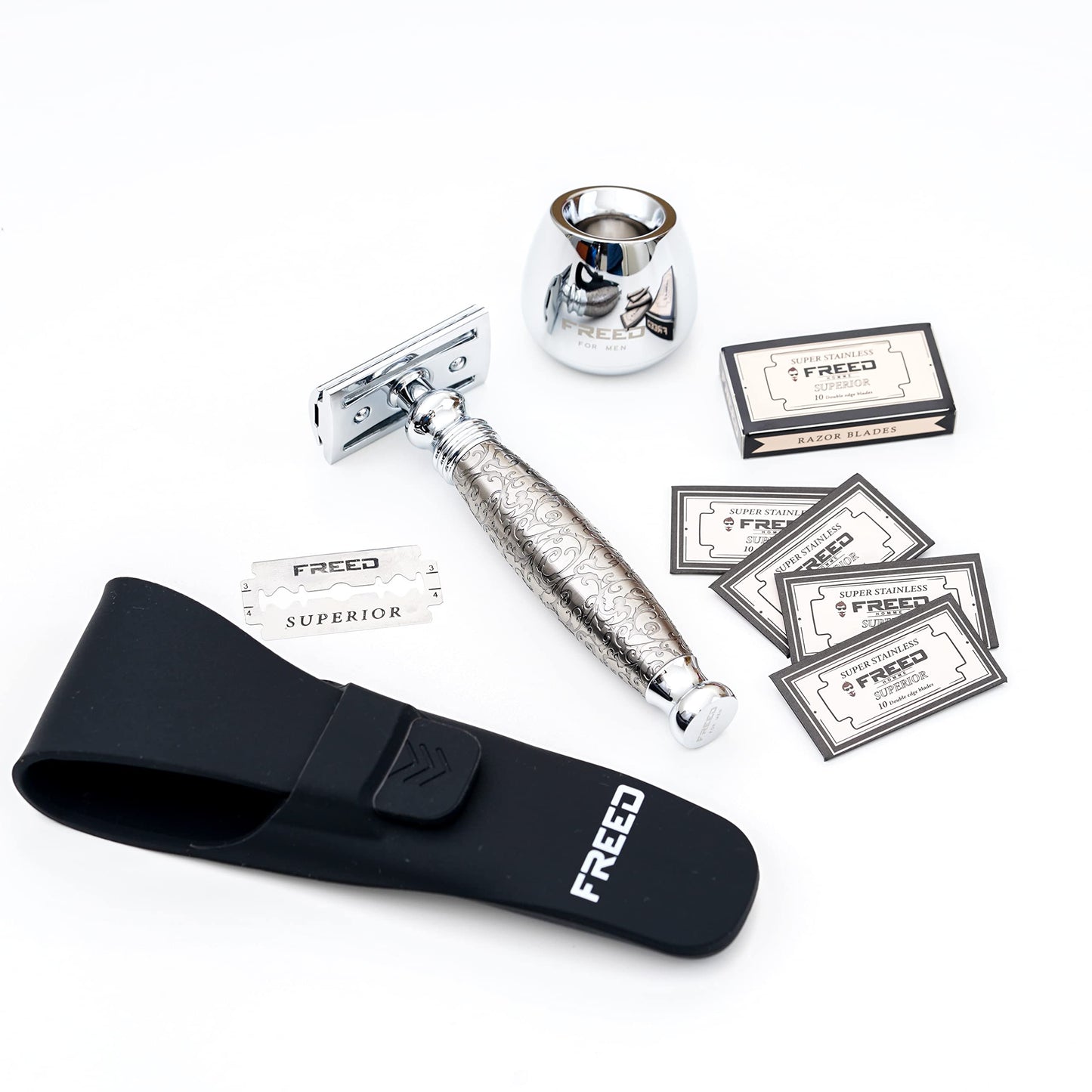 FREED Shaving Kit for Men - Safety Razor with alloy handle and 10 Japanese 6cr13 Stainless Steel, include razor base, razor travel case, christmas gifts for Men,Made in Taiwan