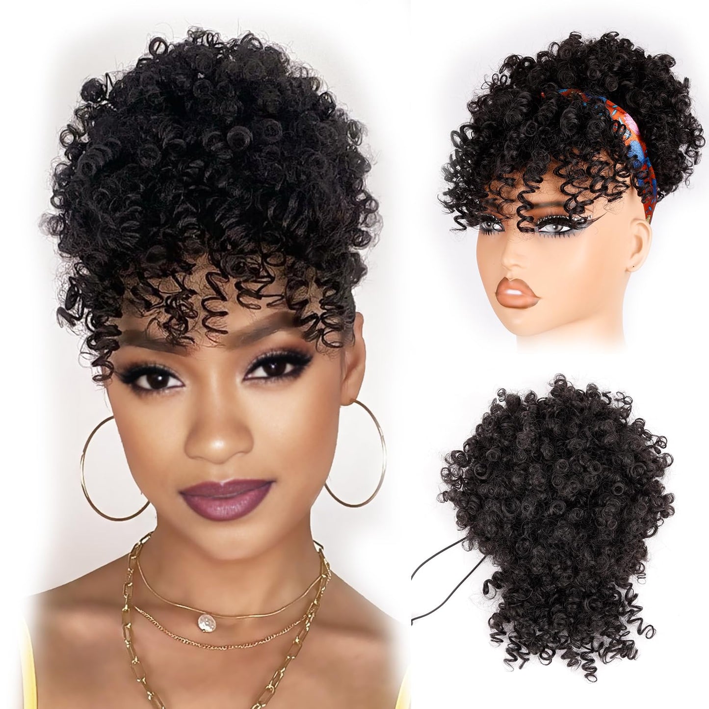 Drawstring Ponytail for Black Women - Afro Puff Kinky Curly Hair Extension with Bangs | Grey Updo
