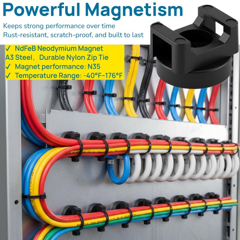 ZyCooom 225 Pieces Magnetic Cable Ties Set, 25 Magnetic Zip Tie Mounts with 200 Cable Ties, Strong Wire Holder Cables Management, Multipurpose Electrical Cord Holders Organizer (22mm)