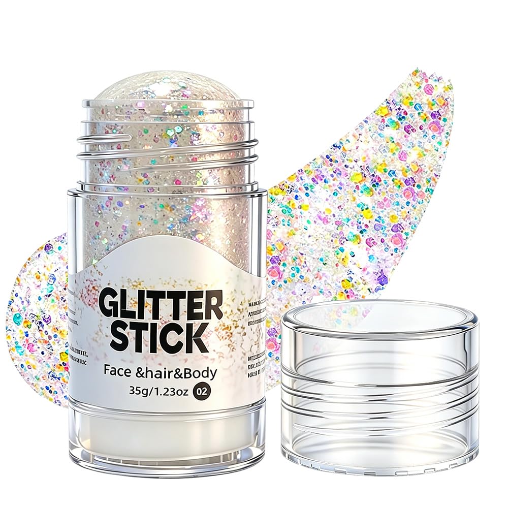 Body Glitter Stick, 2026 Upgraded Hair Face Glitter Stick for Women Rave Outfits Accessories, Sparkle Shimmer Face Paint for Mermaid Makeup Singer Concert (Rainbow)