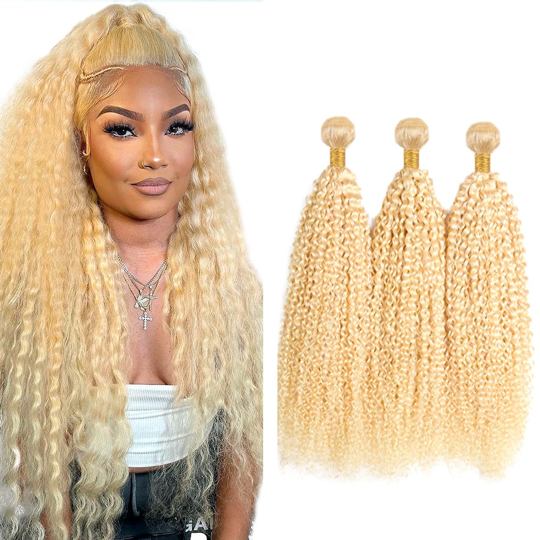 30 32 34 inch Blonde Bundles Human Hair 613 Kinky Curly Bundles Human Hair 3 Bundle AuokMar Brazilian Unprocessed 613 Blonde Curly Wave Bundle 300g