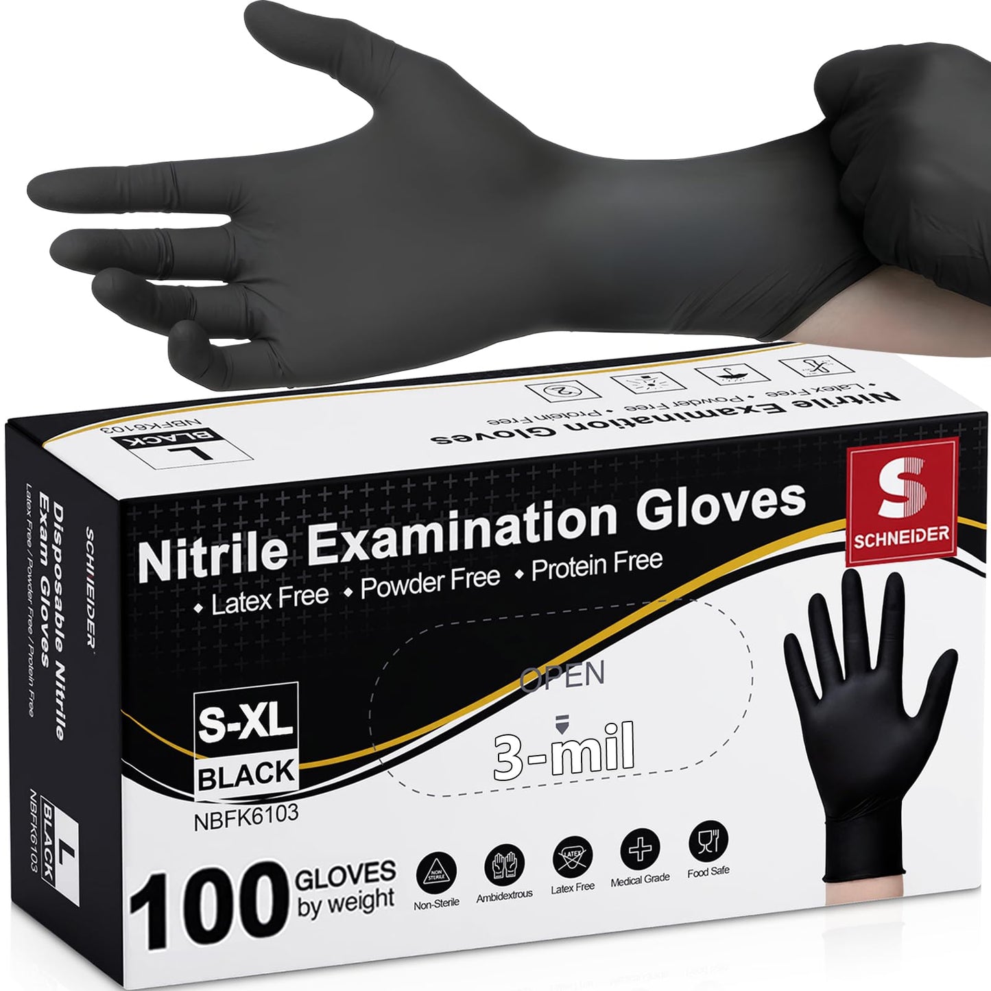 Schneider Medical Nitrile Exam Gloves, Black Latex Free Powder Free Disposable Gloves for Medical, Cooking, Cleaning, and Food Prep (Large, 100)