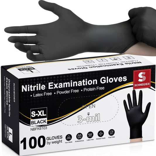 Schneider Medical Nitrile Exam Gloves, Black Latex Free Powder Free Disposable Gloves for Medical, Cooking, Cleaning, and Food Prep (Large, 100)