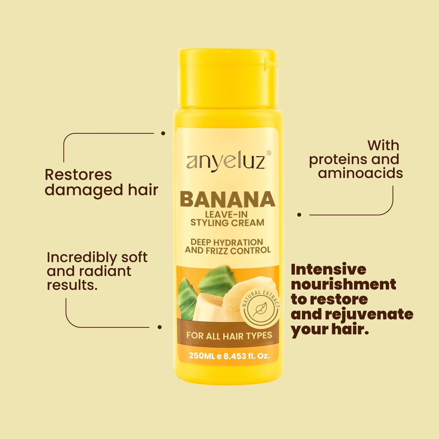 ANYELUZ Banana Leave-In Styling Cream - Leave-In Conditioner for Frizz Control and Shine, Strengthens and Smooths Hair