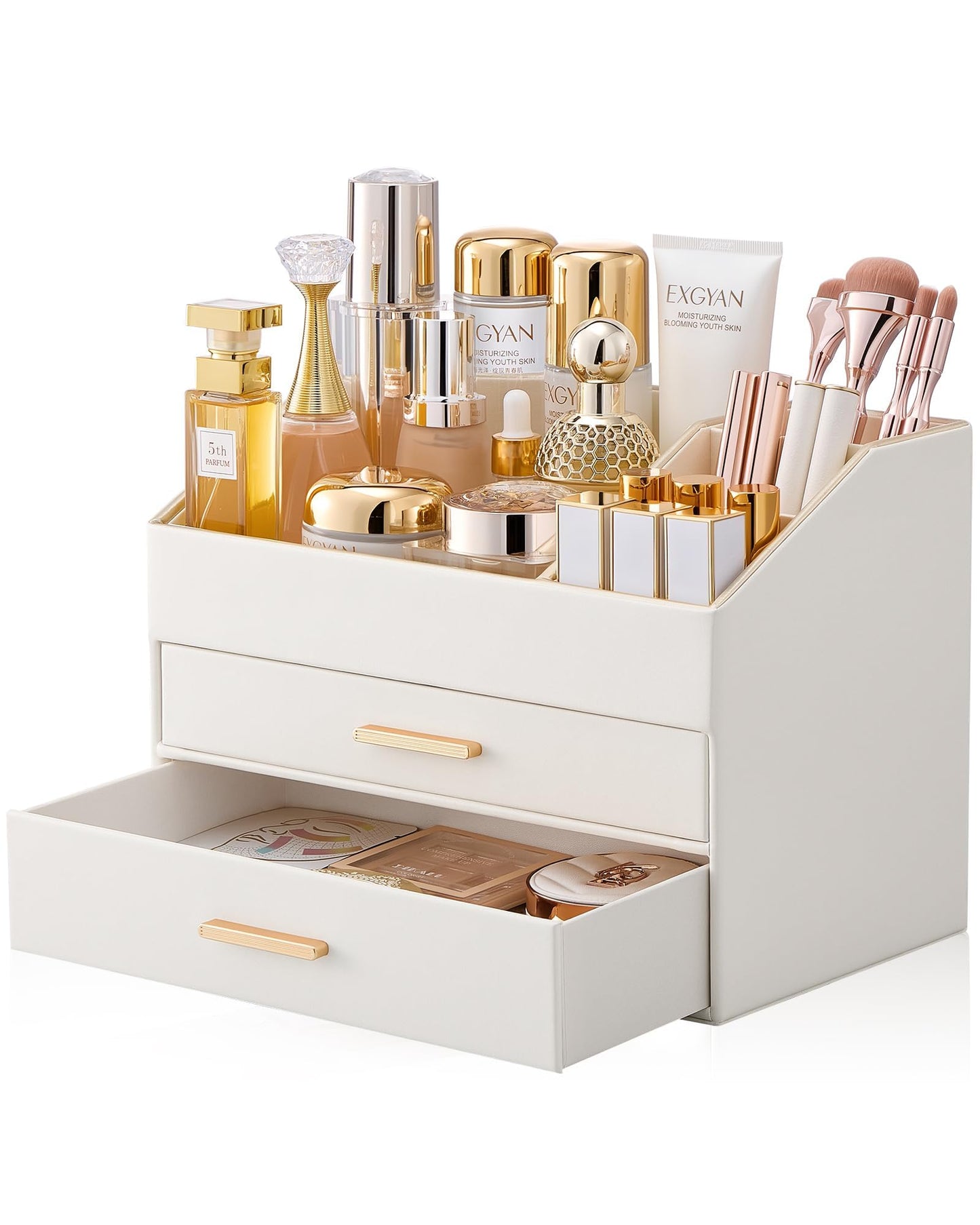 Lolalet Makeup Organizer for Vanity Desk, 3-Layer PU Leather Luxury Make Up Storage Cosmetics Holder Box with Drawers -Cream