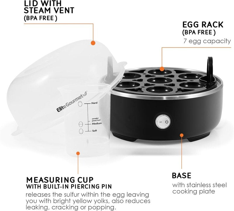 Easy Egg Cooker - Electric 7-Egg Capacity, Soft/Medium/Hard-Boiled, Auto Shut-Off, BPA Free | Classic Black