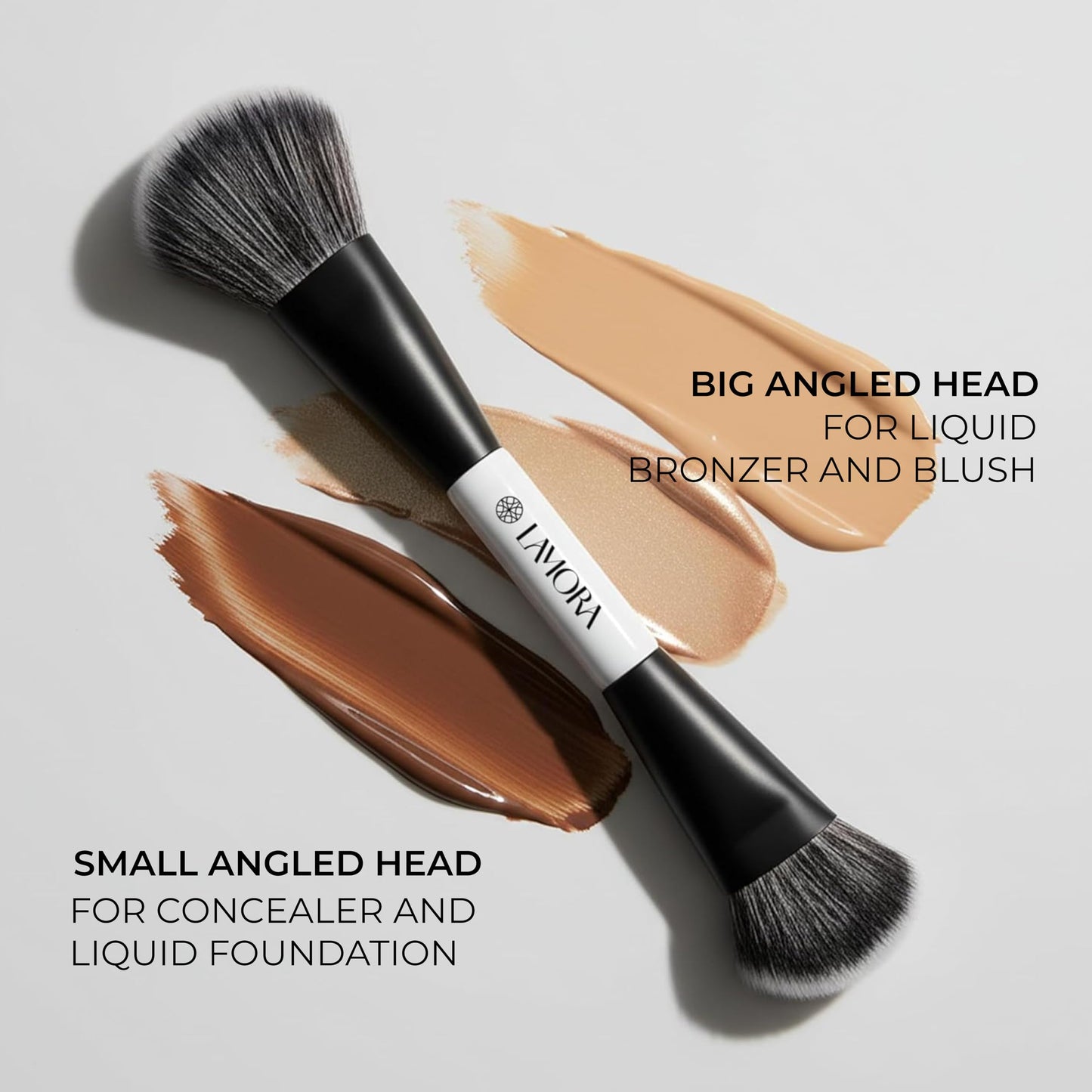 Lamora Liquid Bronzer + Contour Foundation Dual-Ended Makeup Brush - Full Face Duo Makeup Kabuki Brush for Cream or Liquid Blush Concealer Highlighter - Vegan, Cruelty-Free & Synthetic Bristles