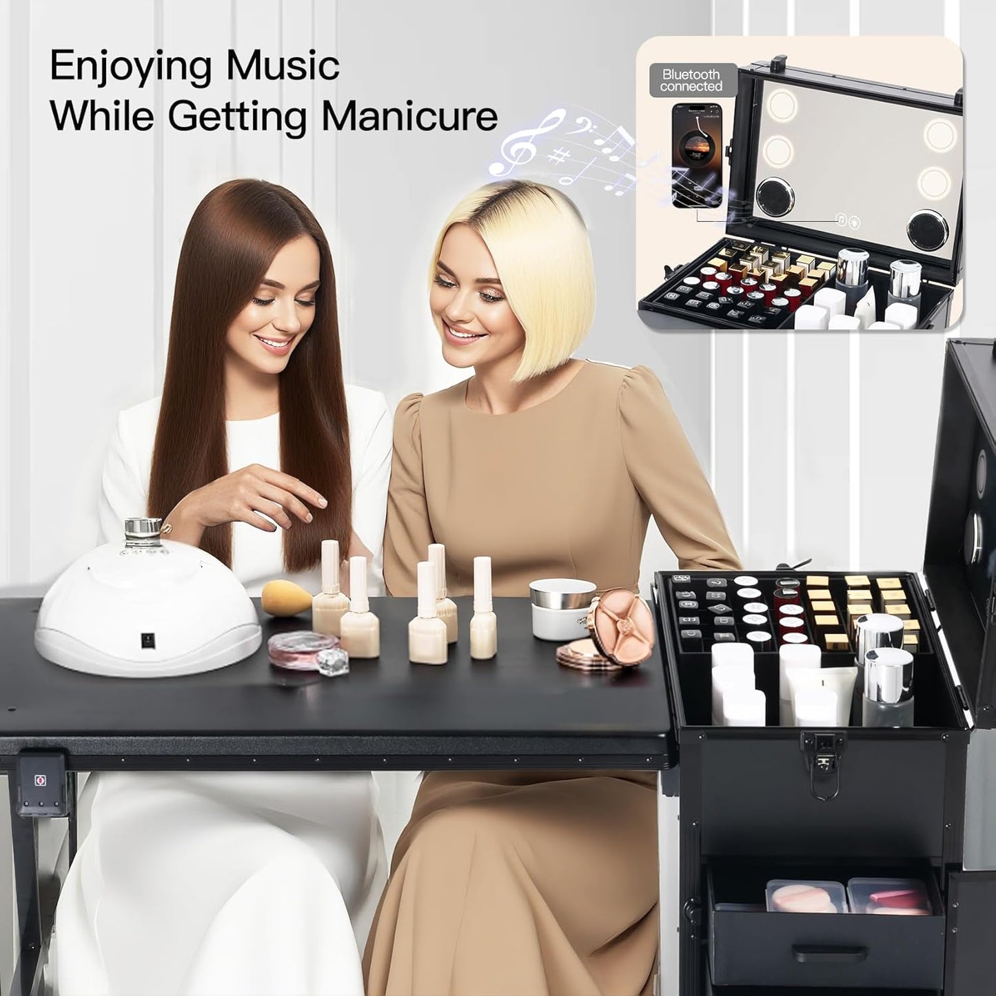 Portable Nail Desk - Foldable Manicure Table with 3 Drawers & Mirror | Mobile Nail Tech Workstation with Wheels, Black