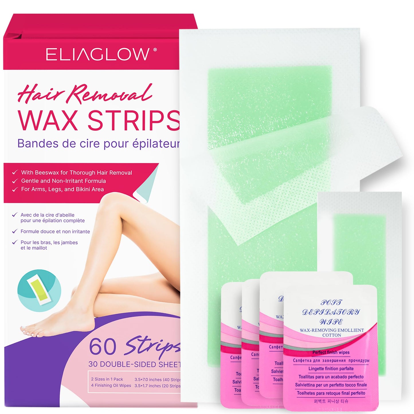 Wax Strips Hair Removal for Women: Waxing Kit with 50 Pcs Body Waxing Strips Dual Sides & 4 Calming Oil Wipe For Face, Bikini, Legs, Lip