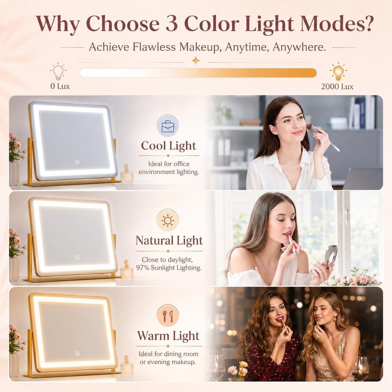 Gold Lighted Vanity Mirror - 22"x17" Dimmable LED Makeup Mirror with Sturdy Aluminum Frame | 360° Rotating Design