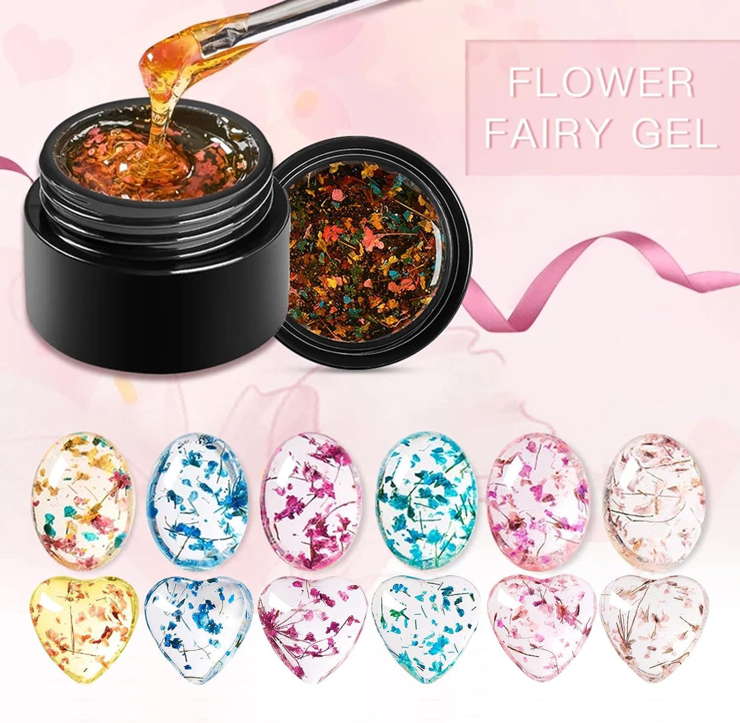Bellecrey 6 Color/Set Dried Flowers Gel Nail Polish, Flower Fairy Gel Polish, Soak Off UV Holographic Varnish Rose Gold Pink Green Blue Purple Nail Polish Gel