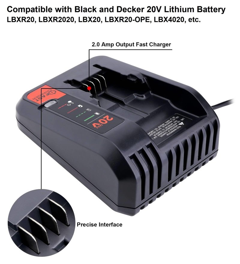 20V Fast Charger Compatible with Black and Decker 20V 12V Max Lithium Battery LBXR20 LBX4020 LBXR2020, BDCAC202B 20Volt 2A Lithium Charger Compatible with Black and Decker Drill Battery