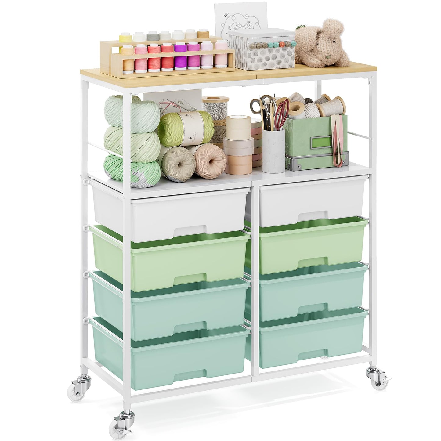 Rolling cart with 8 drawers,Storage drawer cart with wooden tabletop,Lockable wheels organizer for homeschool, arts & crafts, classroom, office & creative spaces (Green)