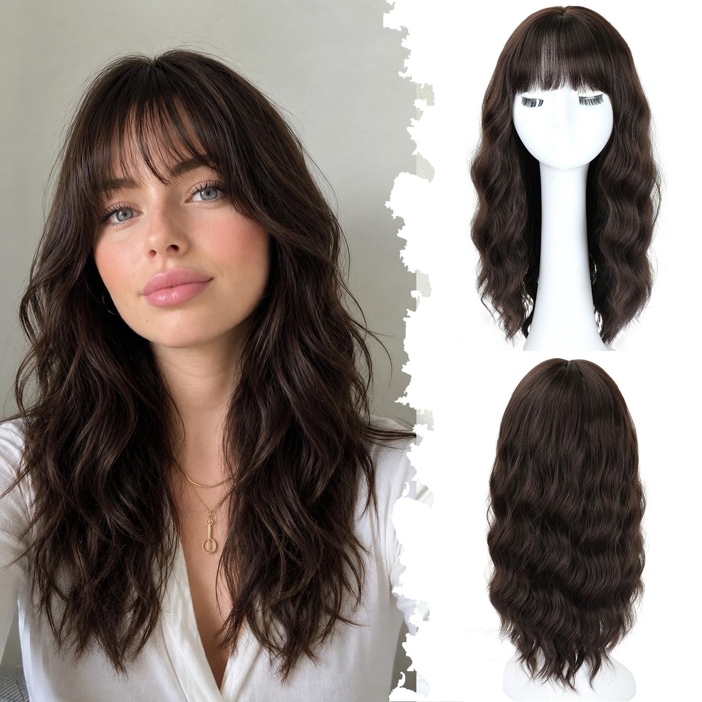 NOVFLKW Brown Medium Long Wavy Wigs for Women 20inch Dark Brown Wig with Bangs-Shoulder Length Wavy Curly Synthetic Heat Resistant Fiber Full Hair For Daily Use