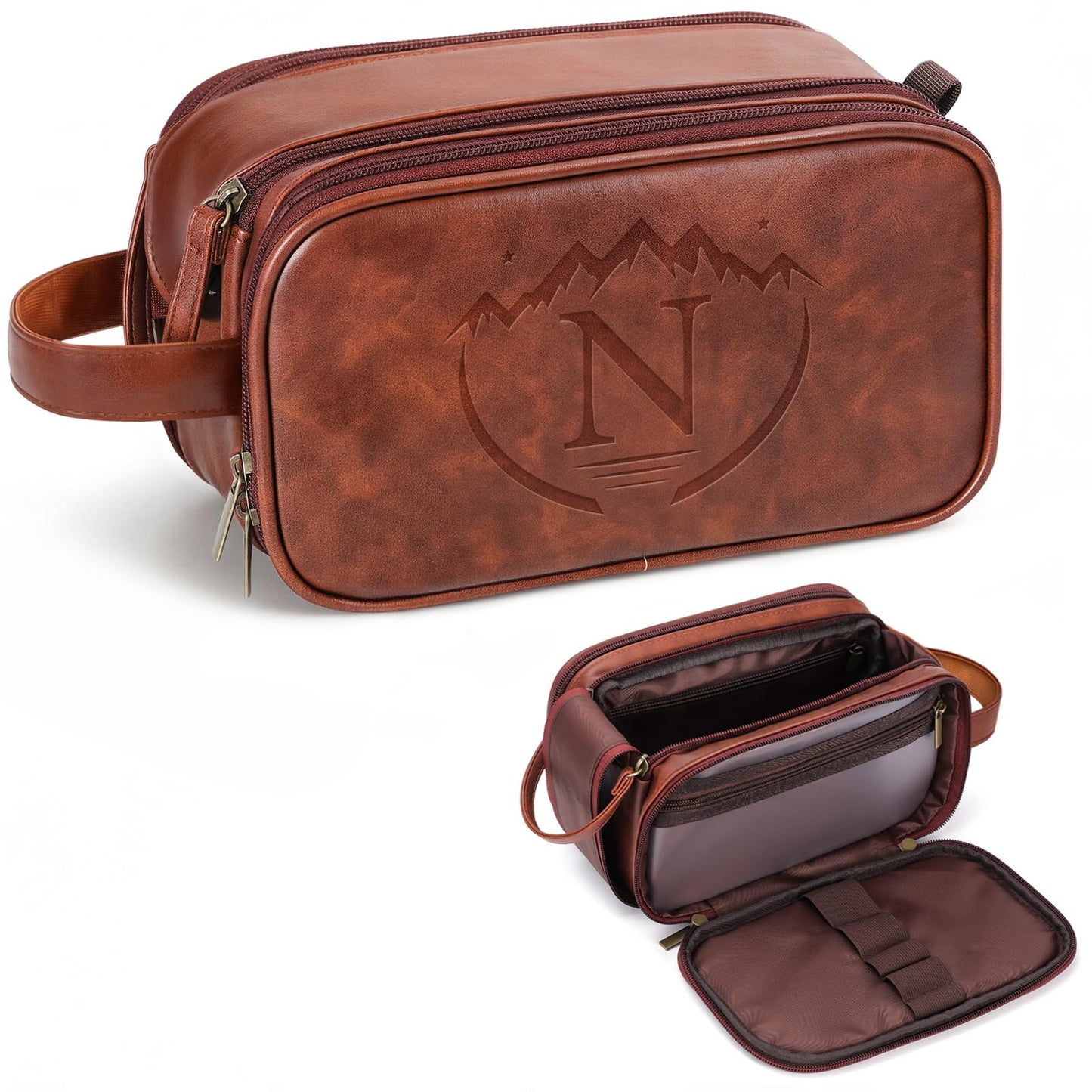 Personalized Groomsmen Gifts Travel Toiletry Bag for Men, Engraved Monogrammed Initial PU Leather Water-Resistant Shaving Bag, Traveling Essentials for Adults Man Dad Husband Boyfriend Groomsmen,N