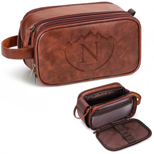 Personalized Groomsmen Gifts Travel Toiletry Bag for Men, Engraved Monogrammed Initial PU Leather Water-Resistant Shaving Bag, Traveling Essentials for Adults Man Dad Husband Boyfriend Groomsmen,N