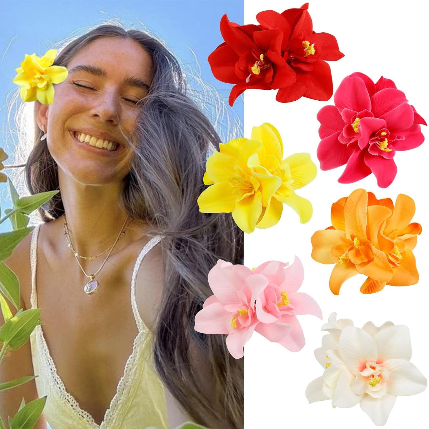 Hawaiian Flower Hair Clips - 6 Pcs Bohemian Tropical Bobby Pins for Beach Vacations & Bridal Accessories | Perfect for Women & Girls
