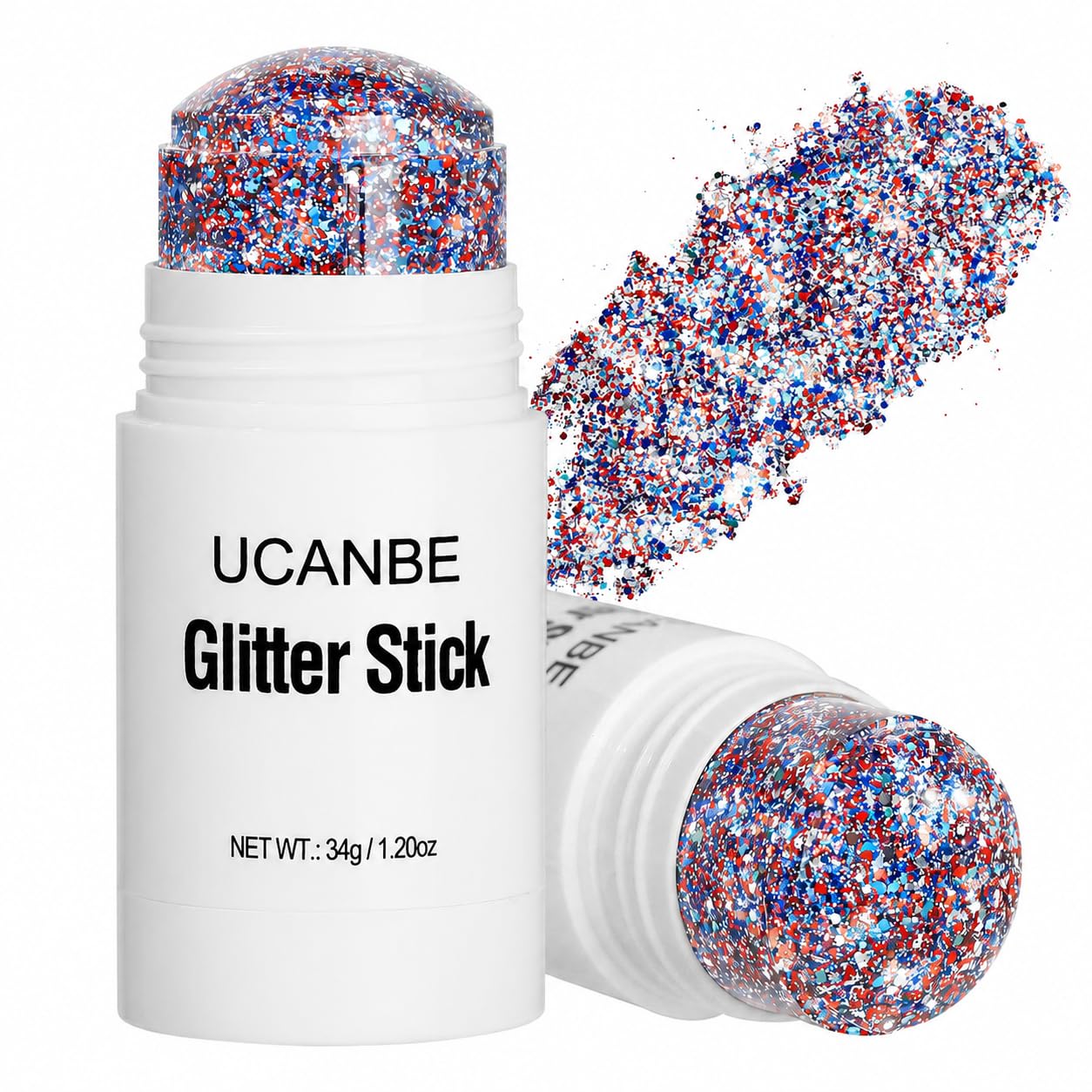 UCANBE Red White Blue Body Glitter Stick for Fourth of July Singer Concerts Music Festivals, Face Glitter Makeup for Face Body Hair Eyes & Lips, Chunky Glitter for Women 1.2OZ