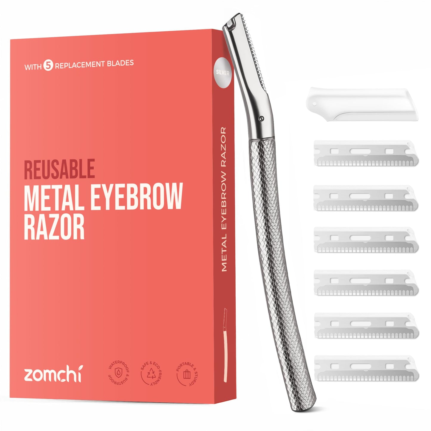ZOMCHI Eyebrow Razor, Face Razors for Women & Men, Eyebrow Trimmer Shaper with Precision Cover, Facial Shaver with 6 Blades, Silver, Stainless Steel