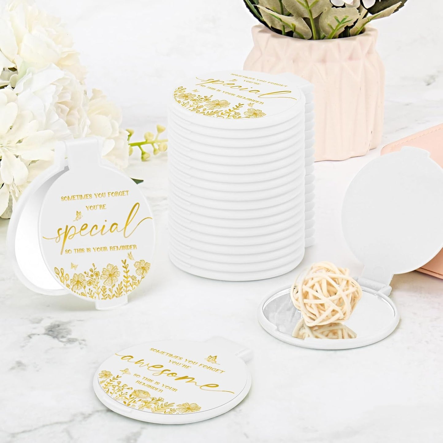 Inspirational Compact Mirror - 100 Pcs Portable Round Folding Makeup Mirror | Perfect Gift for Women, Coworkers, Teachers (White)