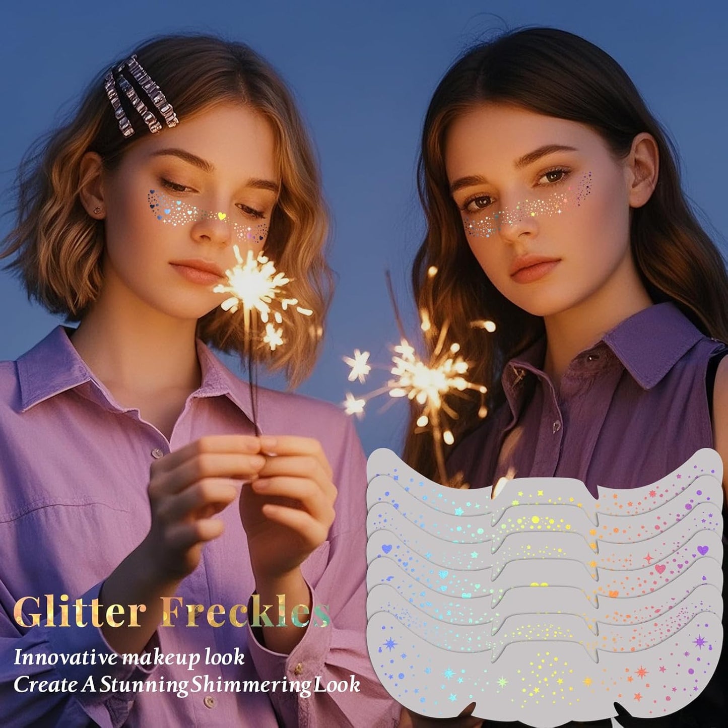 Glitter Freckles Makeup Patches - Holographic Face Glitter Speckles | 24pcs Cute Sparkling Fake Freckles for Festivals