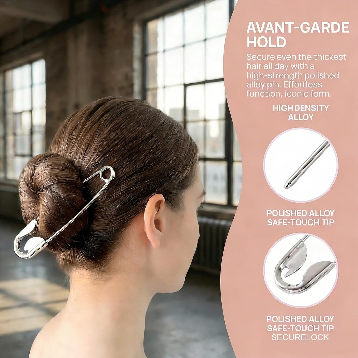 Large Safety Pin Hair Clips - Alloy French Fork Stick Pins | 2-Piece Set for Women - Silver Hair Accessories