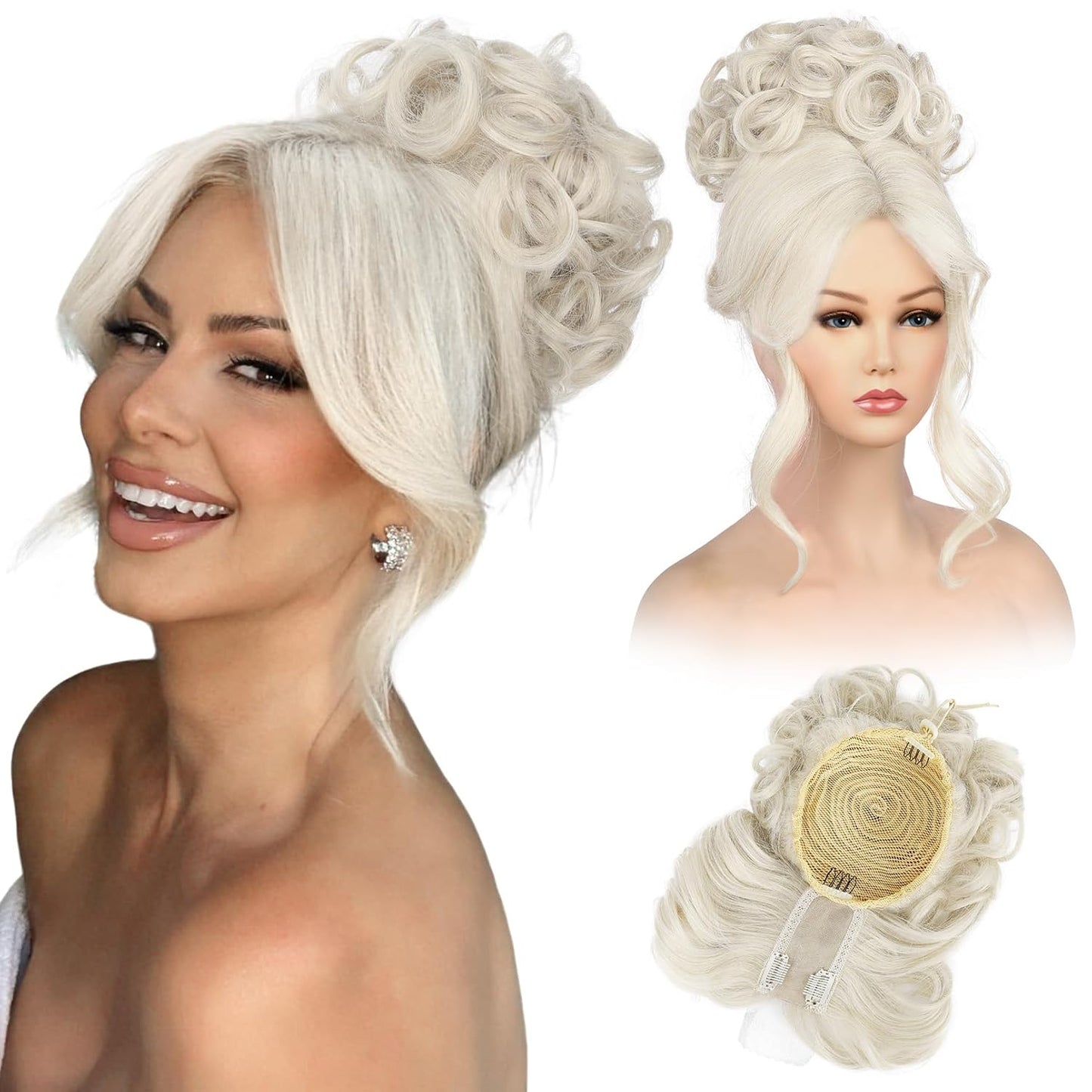 Messy Bun Hair Piece with Bangs - 2-in-1 Curly Updo Wig & Natural-Looking Drawstring Ponytail Extension | Medium Blonde