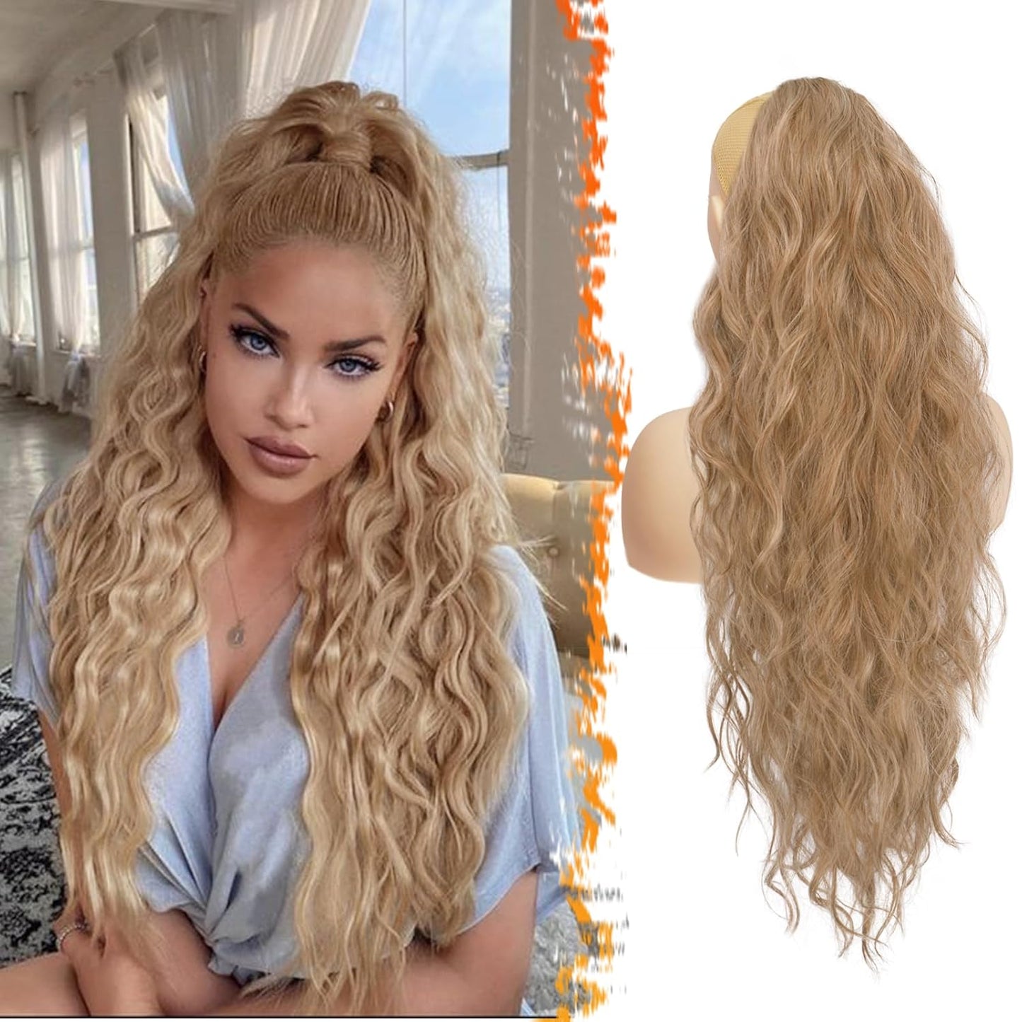 Highlight Ponytail Extension - 20 Inch Curly Wavy Drawstring Hairpiece for Women | Ash Brown & Blonde