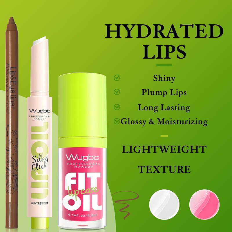 Hydrating Lip Liner & Tinted Lip Oil Set - Lightweight, Non-Sticky Gloss for Women | Brown & Pink Shades