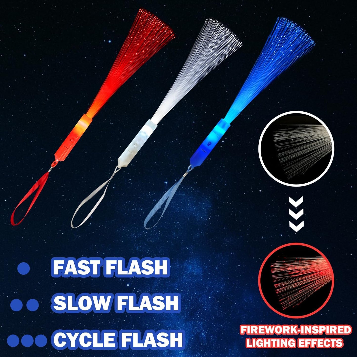 Glow Sticks for 4th of July | Red, White & Blue Fiber Optic Wands - 6 Pack for Kids