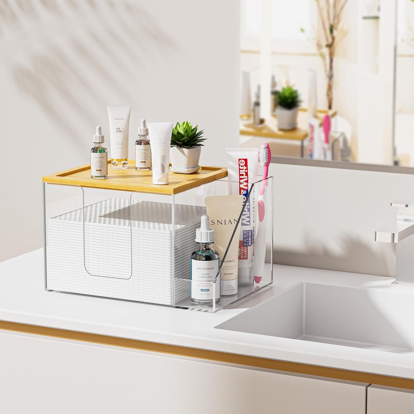 Acrylic Disposable Face Towel Holder Box - Large Storage for Bathroom Vanity | Clear Design