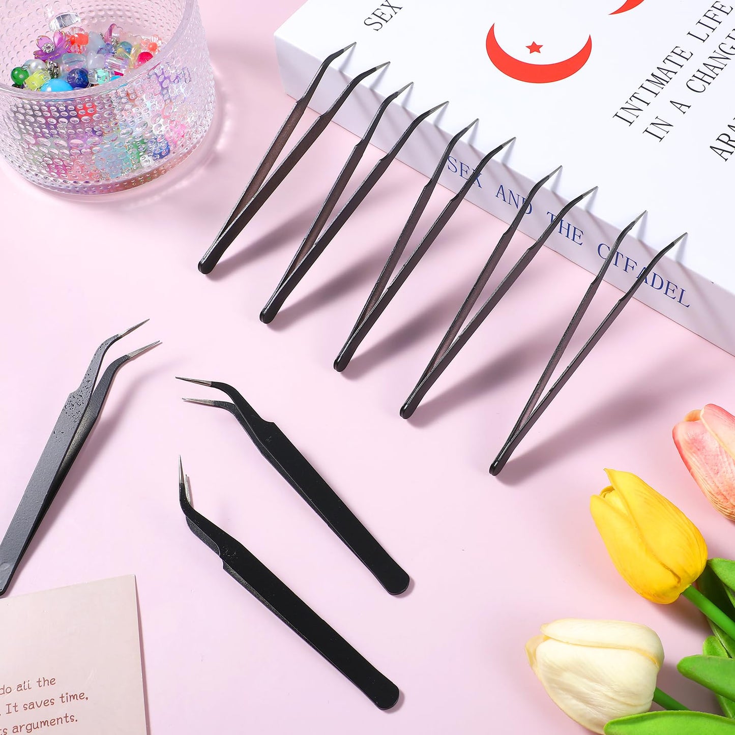 10 Pieces Tweezers for Crafting Stainless Steel Curved Pointed Tweezers Precision Sticker Tweezer with Protective Cover for Eyelash Extensions Stickers Rhinestones Crafts (Black)