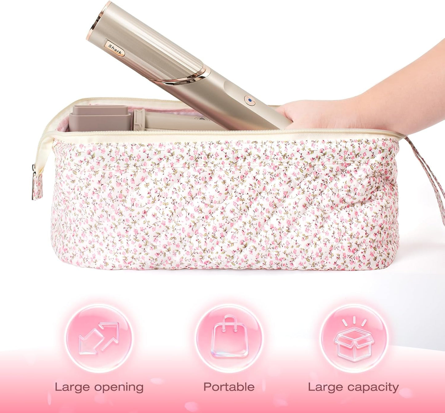 Quilted Hair Tool Travel Bag - Dyson Airwrap & Shark Flex Style Case | Pink Floral Organizer for Curling Irons