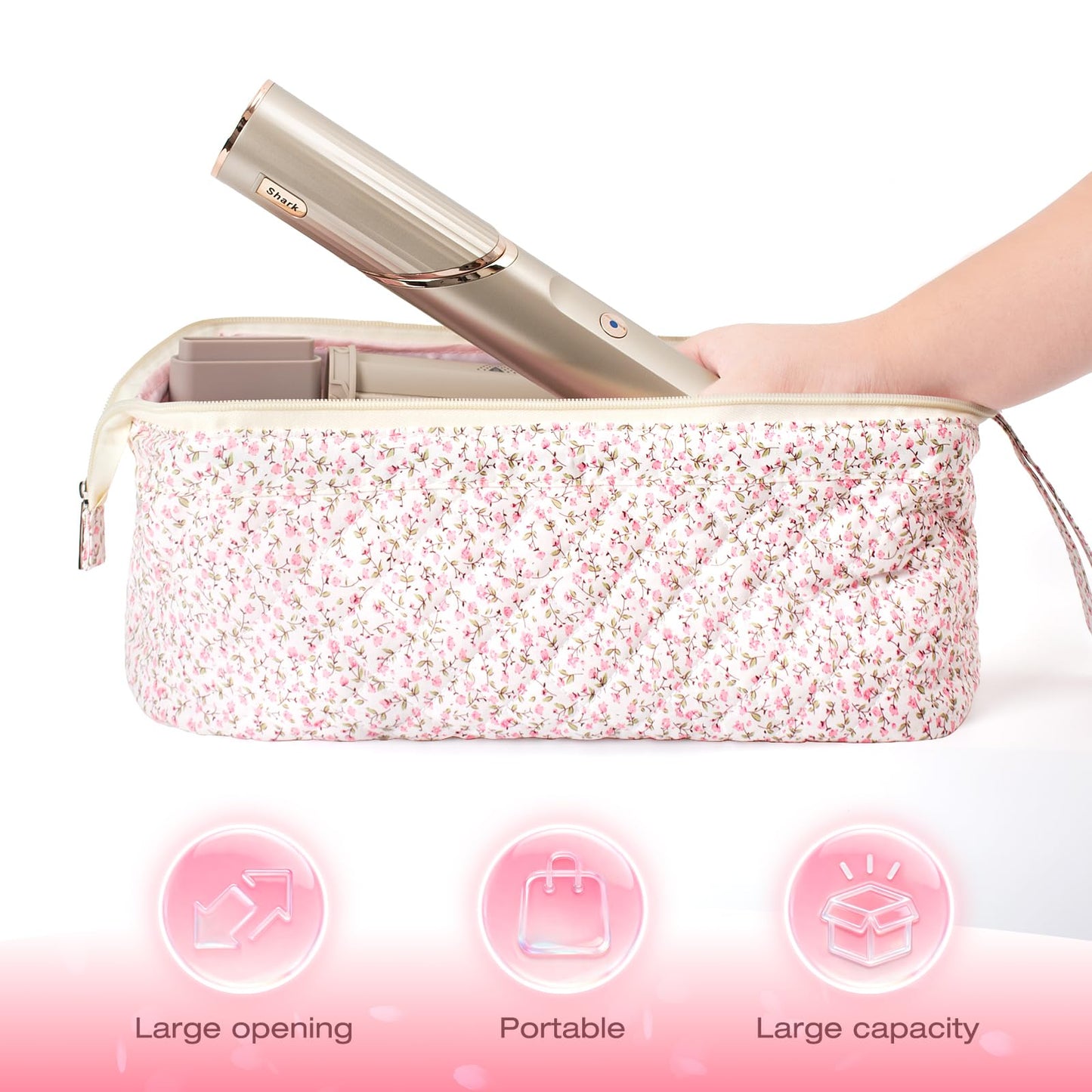 Voryssent Quilted Hair Tool Travel Bag, Shark Flex Style Travel Case For Dyson Hair Dryer Airwrap Bag, Curling Iron Bags Quilted For Shark Dyson Revlon Organizer Accessories - Pink Floral