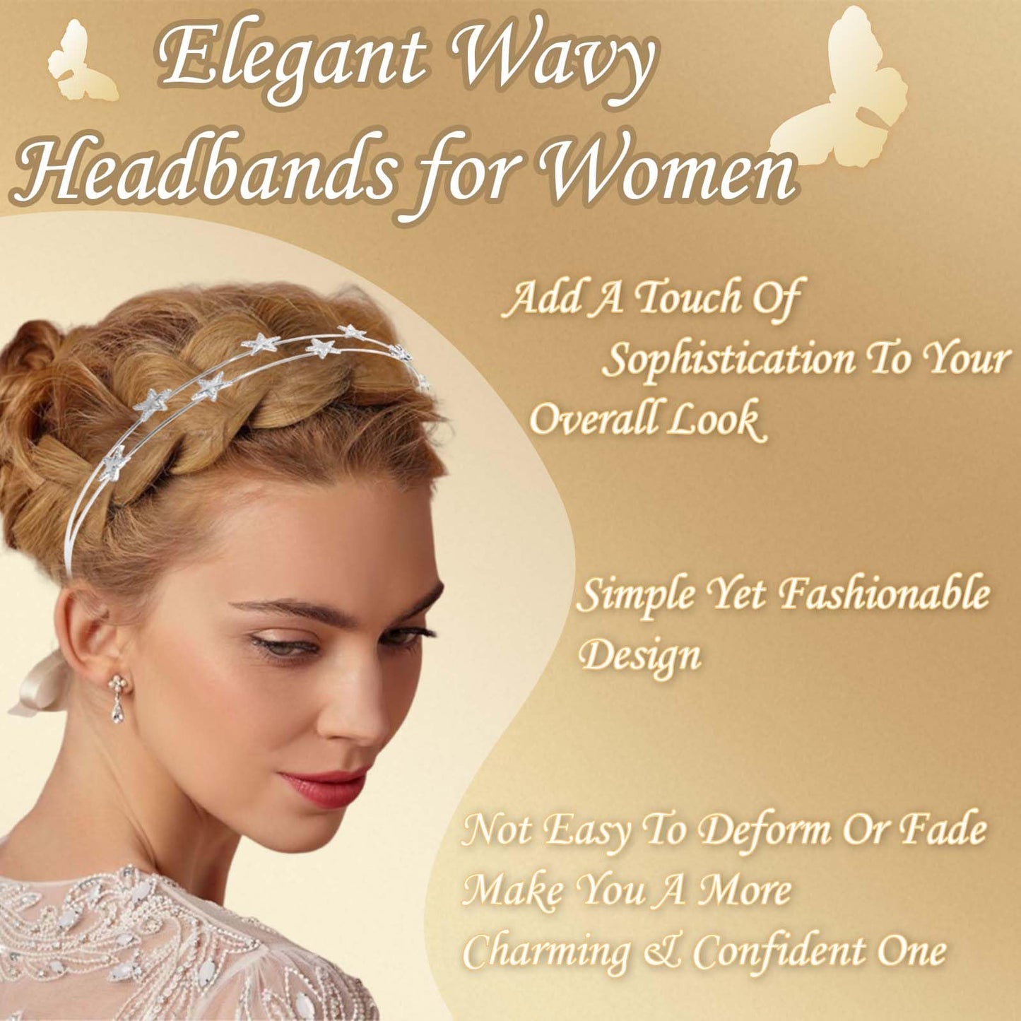 STGDAK 2 Pcs Star Headbands For Women Gold Headband Metal Hair Hoop Silver Bridal Hairbands Double Row Wedding Crown Headband Space Headpiece Flower Girls Tiara Valentine's Day Hair Accessories Gift