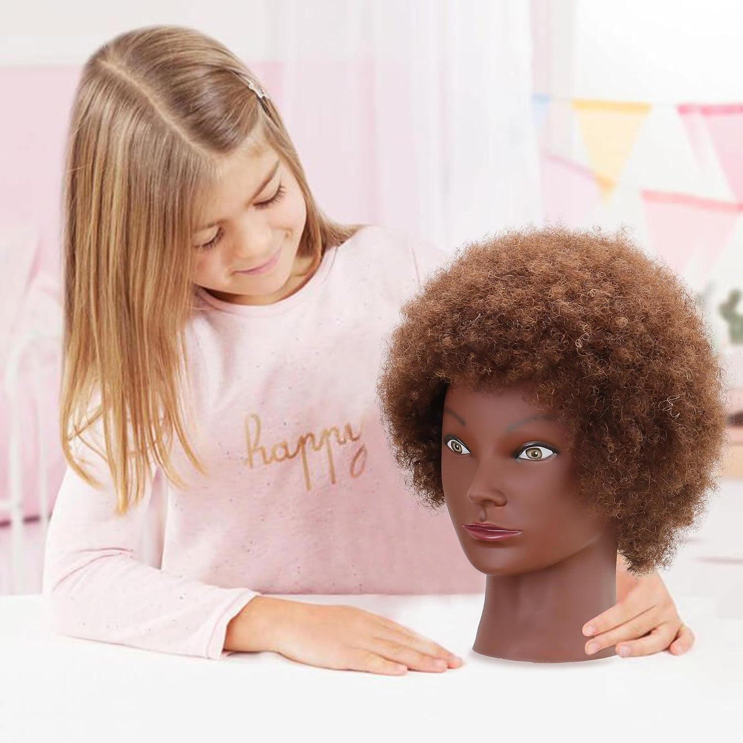 Afro Curly Mannequin Head - 100% Human Hair Cosmetology Doll for Hairdressing Practice | 10'' Brown with Clamp Holder