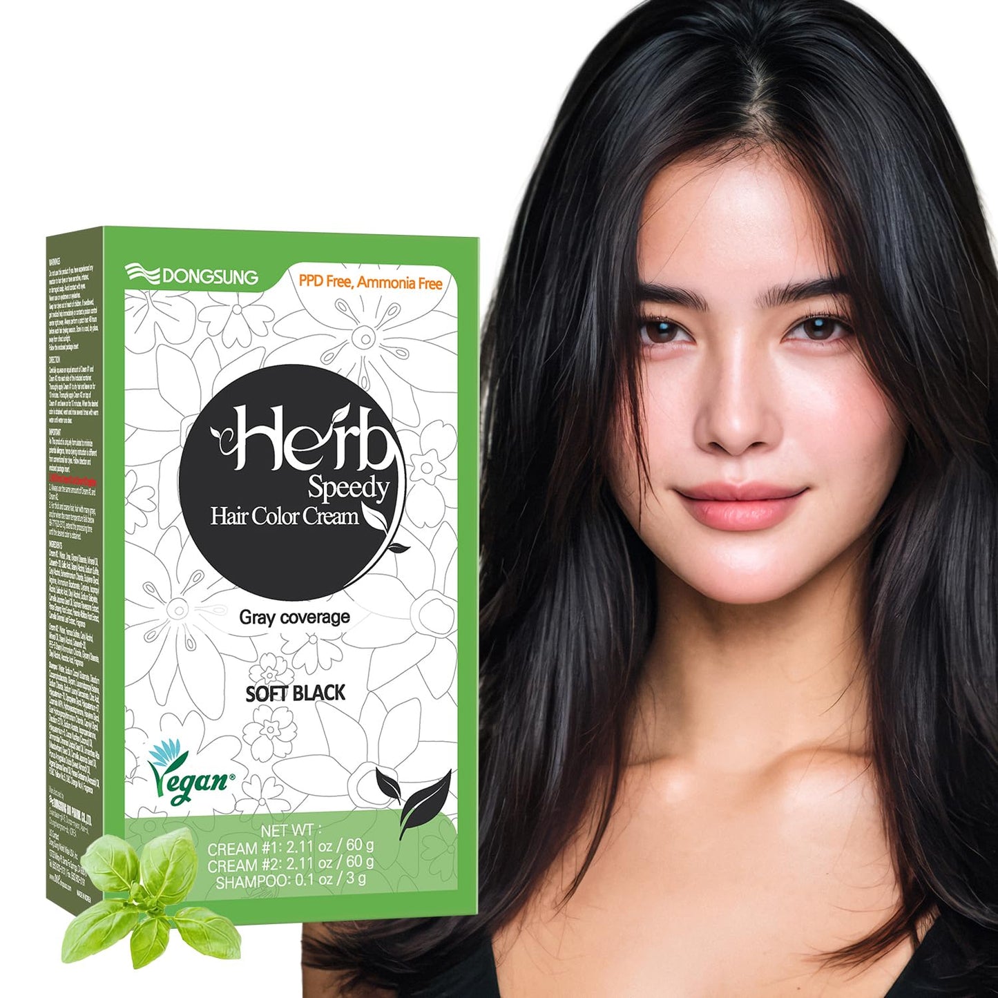 Korean Herbal Vegan Hair Dye | Dongsung Herb Speedy Color Cream - Soft Black, PPD-Free & Ammonia-Free, 20-Minute Application