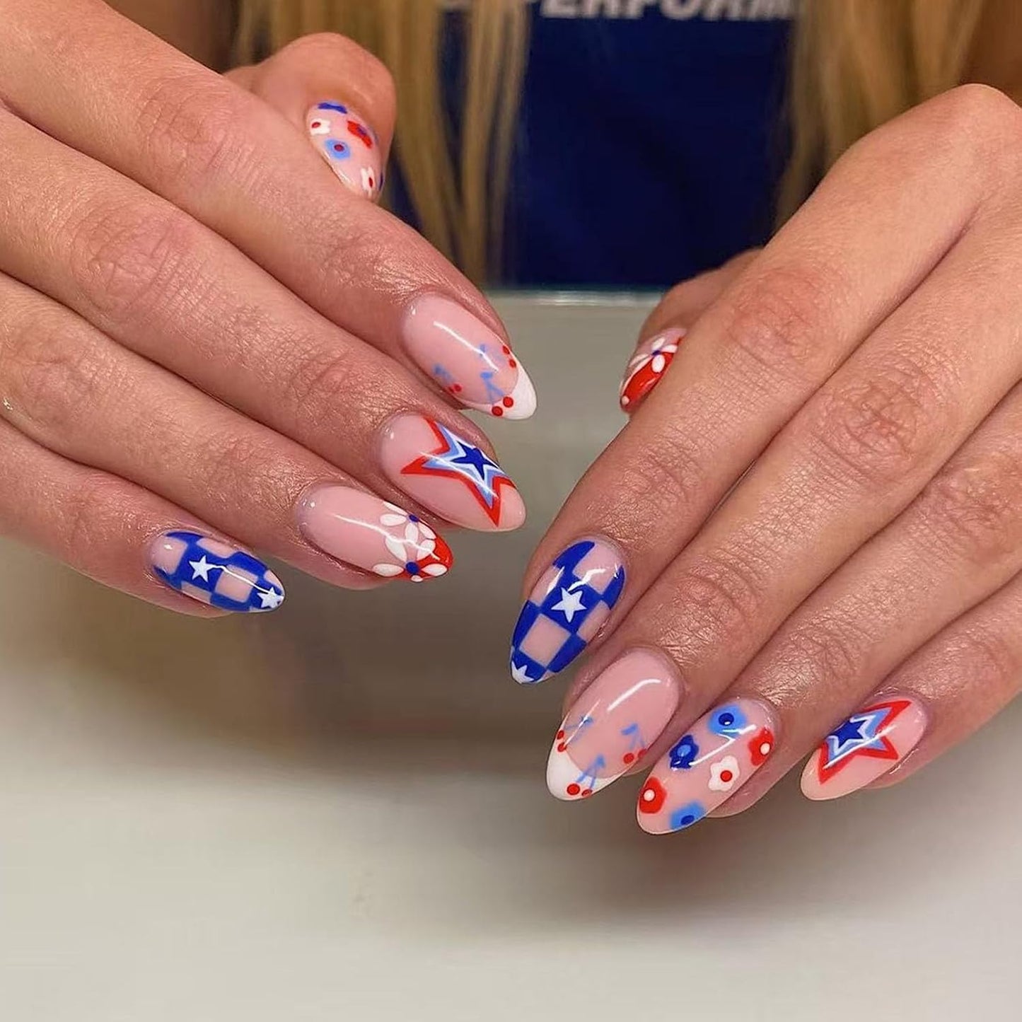 Press On Nails - Medium Square American Flag Glitter Design | 24Pcs Red, Blue & Gold 4th of July Fake Nails