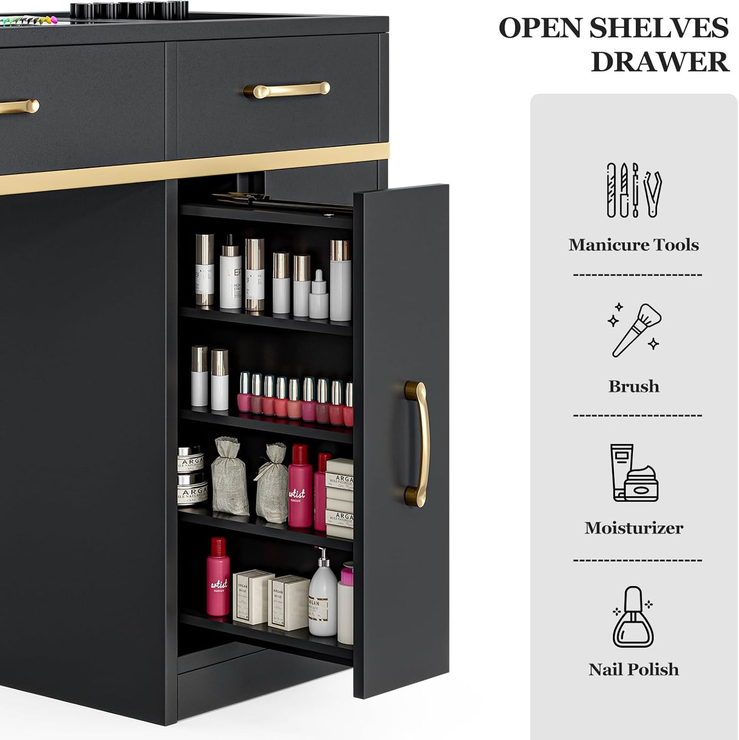 Manicure Table Nail Station - Glass Top Nail Table with Electric Dust Collector, 7 Drawers & Shelves | Black Vision