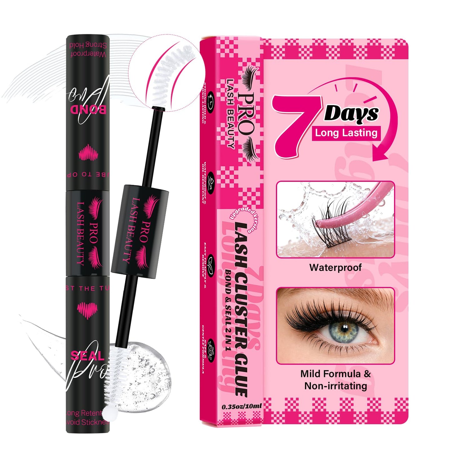 PROLASHBEAUTY Clear Lash Cluster Glue 7 Days Long Lasting Bond and Seal Lash Glue Waterproof Lash Bond & Seal for Clusters 1 Week Strong Hold 2-3S Fast Dry(10ml, Clear)