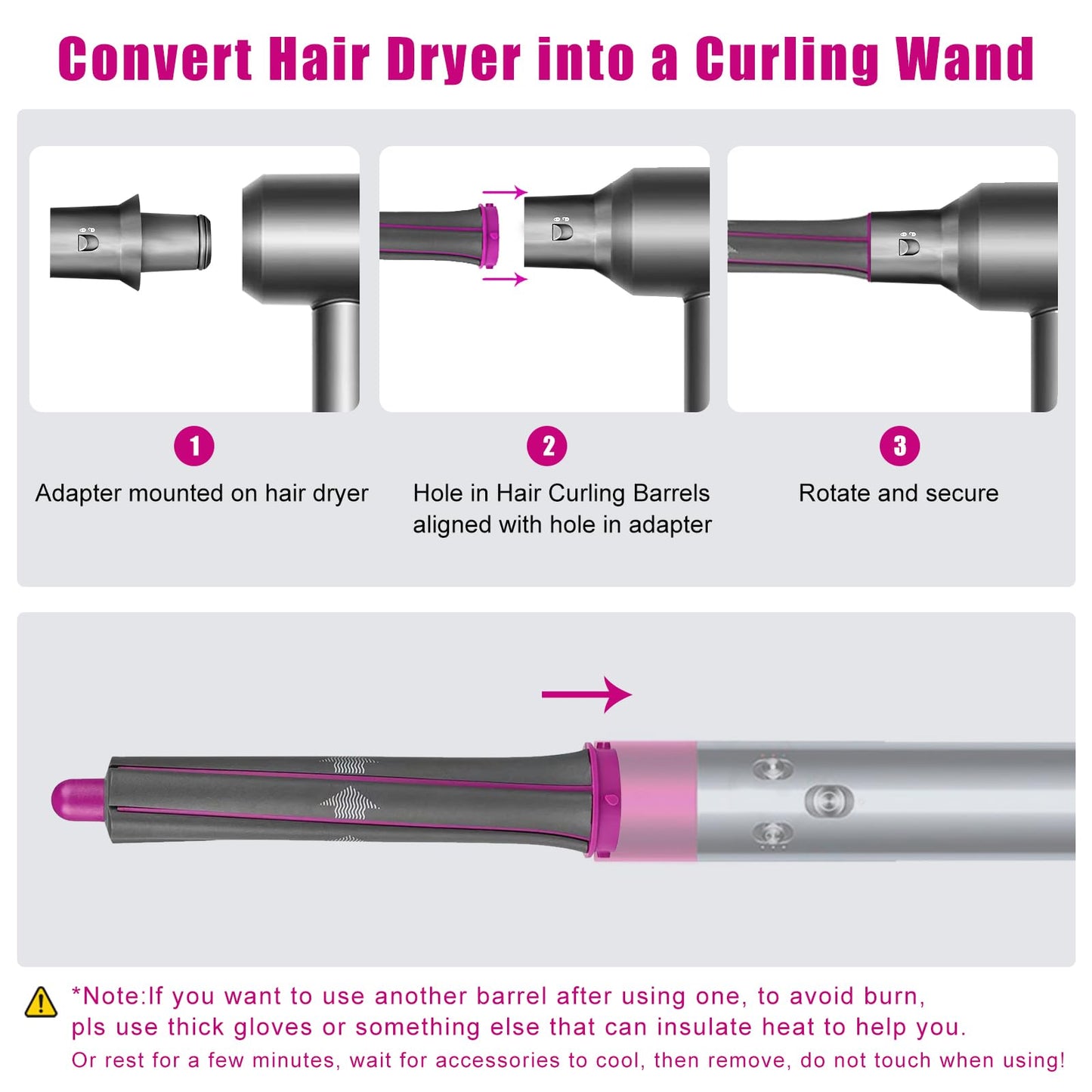 1.2 Inch/30MM Long Hair Curling Iron Barrels for Dyson Airwrap HS01 HS05 Attachment Parts Hair Tool, with Adaptor for Dyson Hair Dryer Converting to Airwrap Styler, 1 Pair