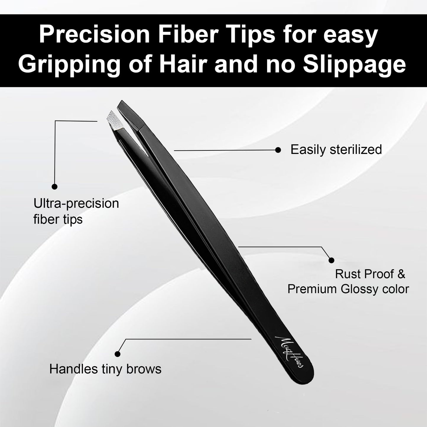 MaqHues Fiber Tip Eyebrow Tweezers Set for Women & Men, 4 Pcs Professional Stainless Steel Tweezer Kit with Slant, Pointed, Flat & Pointed-Slant Tips for Facial Hair & Eyebrow Removal (Black)