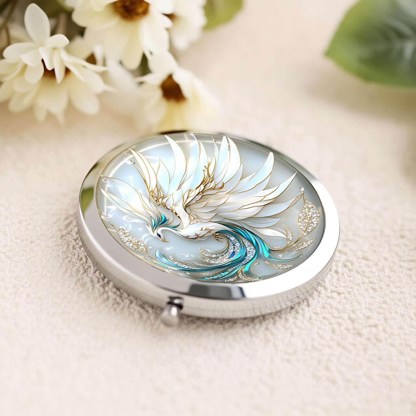 Silver Compact Mirror, 2.8x2.8inch Double-Sided Folding Makeup Mirror with White Phoenix Design, Ideal Gift for Women